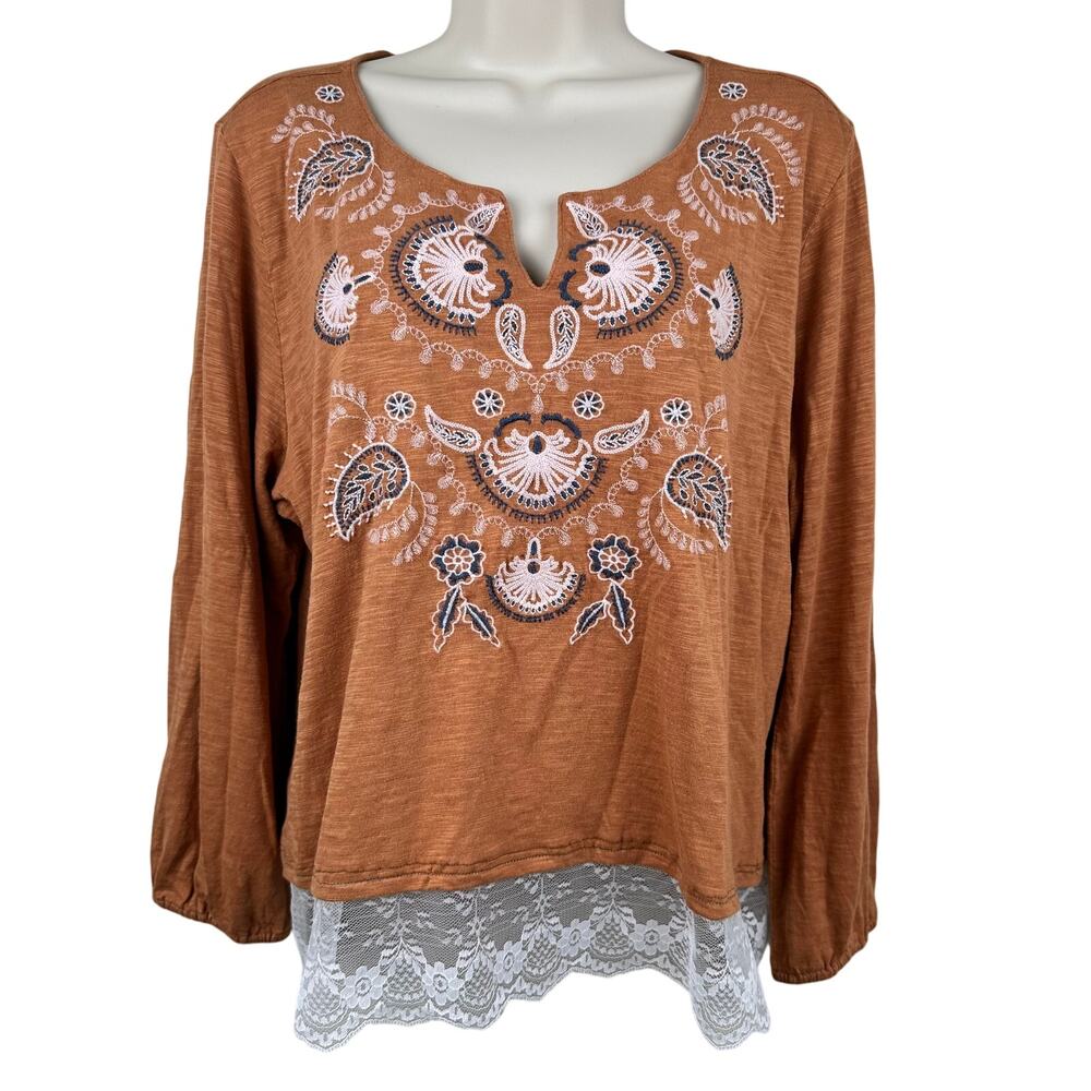 J. Jill Blouse Top Cotton Slub Knit Long Sleeve Embroidered Lace Brown Lg Boho